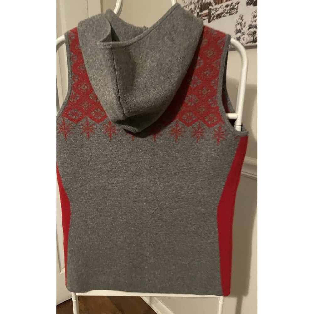 Woolrich Fair Isle Hooded Sweater Vest Womens MED Heather Gray Red Lambswool - Picture 4 of 9